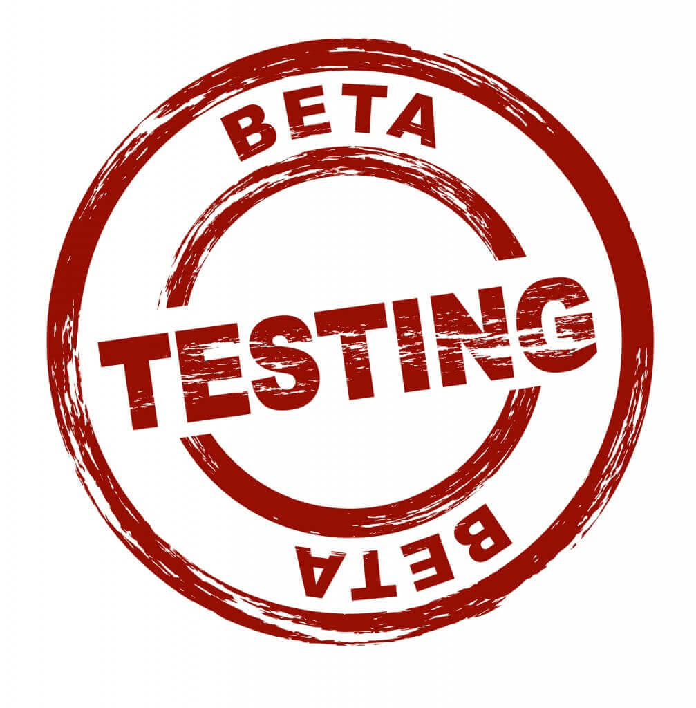 A stylized red stamp that shows the term beta testing. All on white background.