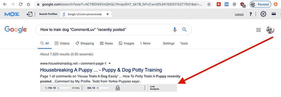 When using Mozbar Chrome extension, additional information will appear telling you the domain authority of each site in the Google search results.