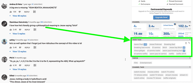 How to find tags on the Youtube watch page with Vid IQ chrome extension side panel